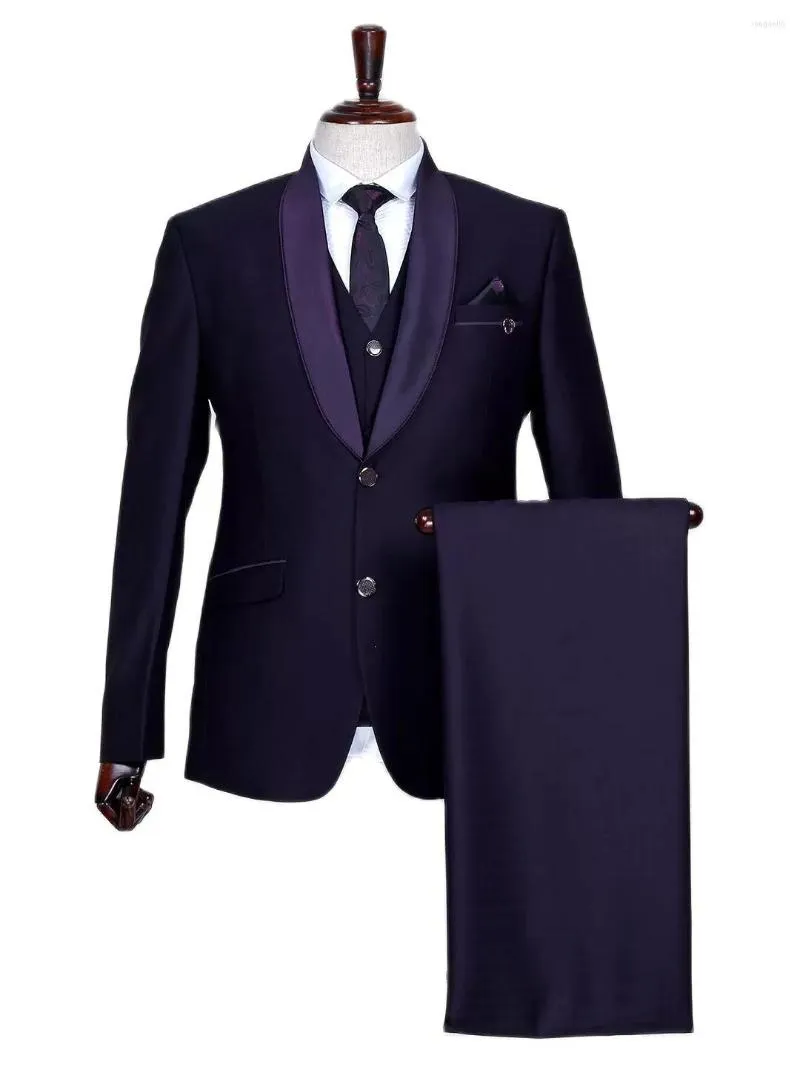 Мужские костюмы высококачественные фиолетовые свадебные смокинги. Оцветный отворот двух пуговиц дизайнерская куртка формальная вечеринка выпускной вечер 3Peece Pat