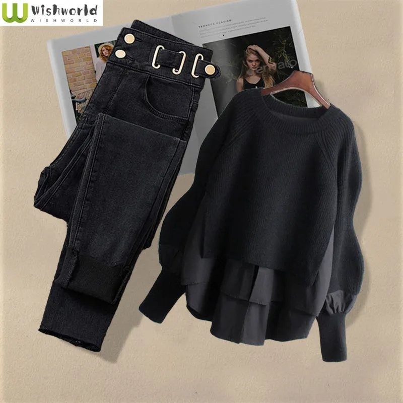 Dames Tweede stuk broek grote lente en herfstpak Koreaans mode nep twope -shirt shirt top slanke casual jeans set 230202
