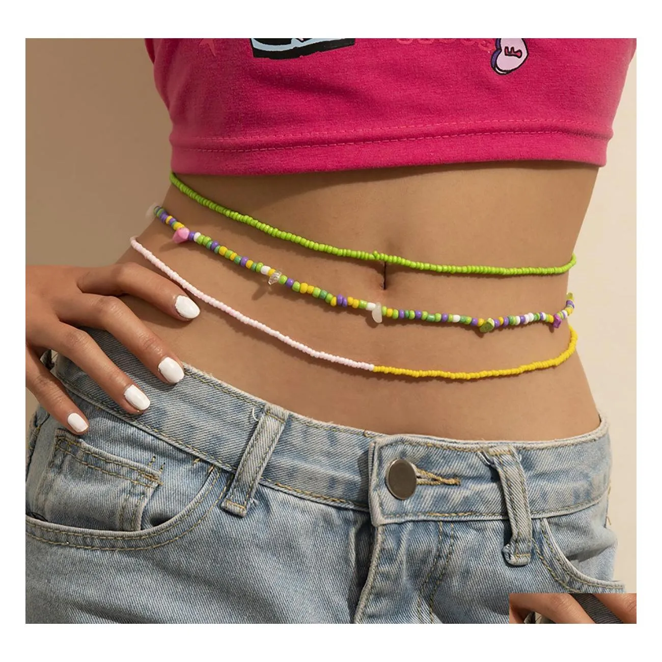 Belly Chains Bohemian Fashion Jewelry Green Beaded Bikini P￤rlor Midjeb￤lte Tre lager kedja Drop Delivery Body DHSQC