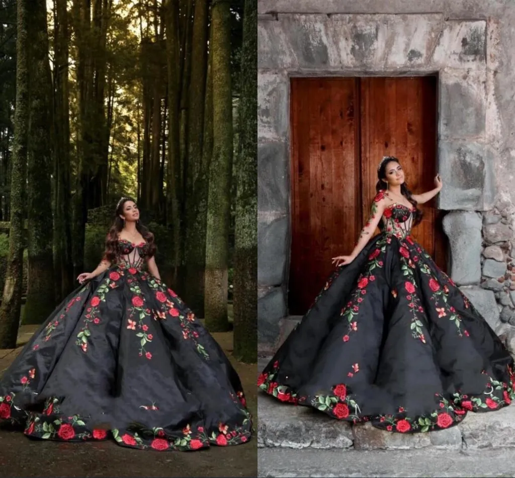 2023 Modest Flower Embrodiered Applique Quinceanera Dresses Long Sleeve Scoop See Though Top Cupcake Ball Gown Charro Sweet 15 Dress Party Formal