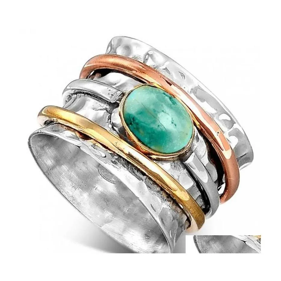 Solitaire Ring Vintage Bohemian Natural Stone Turquoises Finger Rings For Women Men Wedding Party Boho Jewelry Accessories Gifts Her Dhnyg