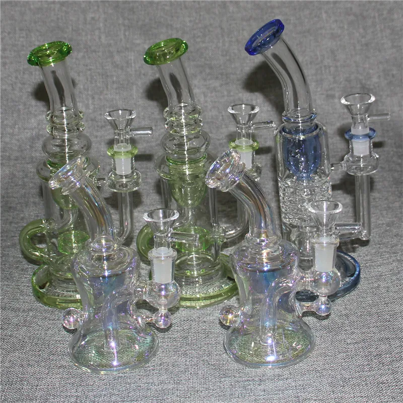 Rainbow Green Blue 3 Styles Hookahs Mini Small Oil Rigs Dab Rig Heady Glass Bongs duschhuvud perc vattenrör 14mm fog