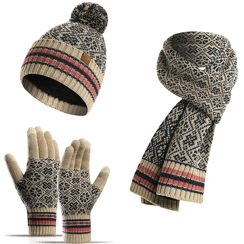 Berets Fall And Winter Men Women Warm Knitting Wool Scarf Hat Gloves Three-piece Set