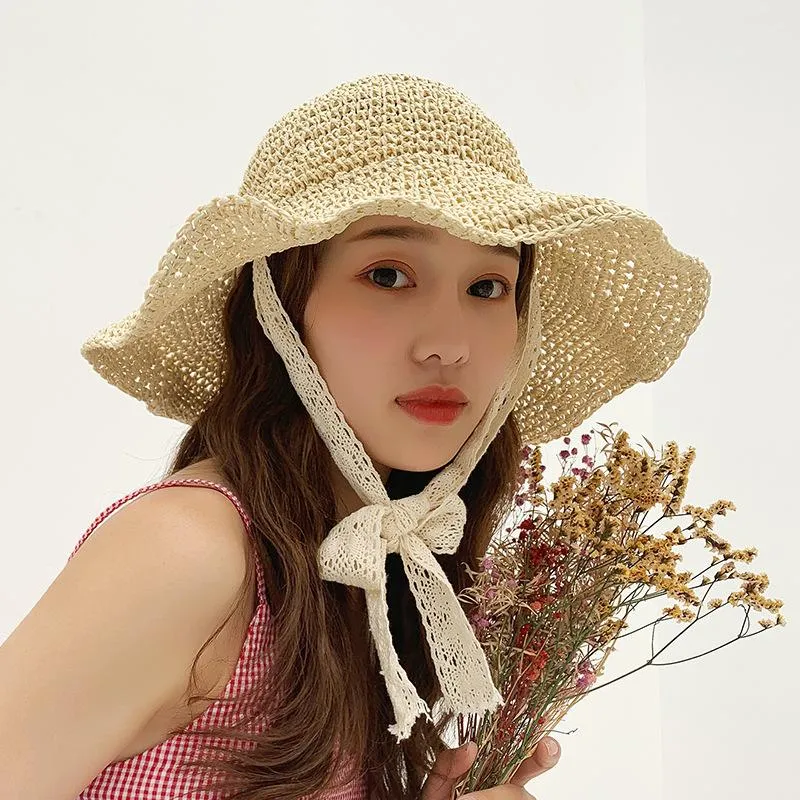 Wide Brim Hats Fashion Ladies Hat Small Fresh Raffia Straw Summer Bow Holiday Beach Big Edge Folding Sun Tide