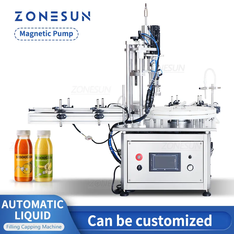 ZONESUN ZS-AFC1S Tappatrice di riempimento Pompa magnetica Confezione di liquidi per bottiglie con trasportatore a piattaforma girevole Piccola linea di produzione