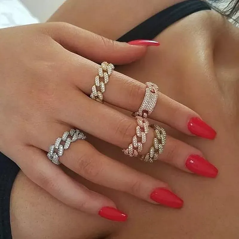 Obrączki ślubne moda letnia Anel Masculino Cz kubański łańcuszek z ogniwami pierścień Hiphop złoty kolor srebrny rozmiar masywny krawężnik elegancki dla kobiet ślub