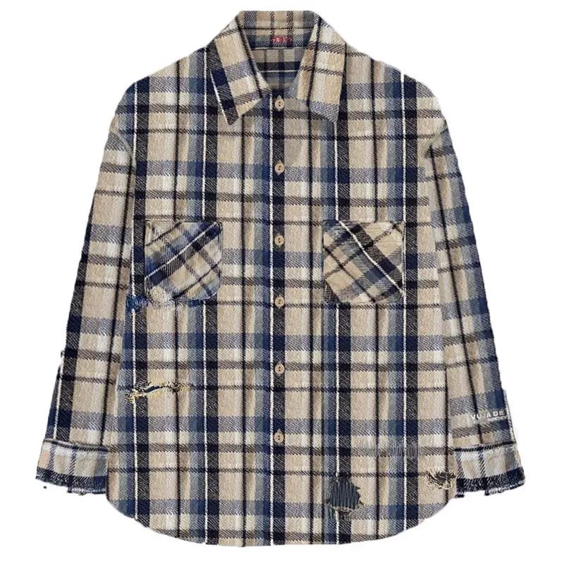 Mannen shirts vrouwen plaid flanel casual retro lange mouw shirt jas katoen met gaten