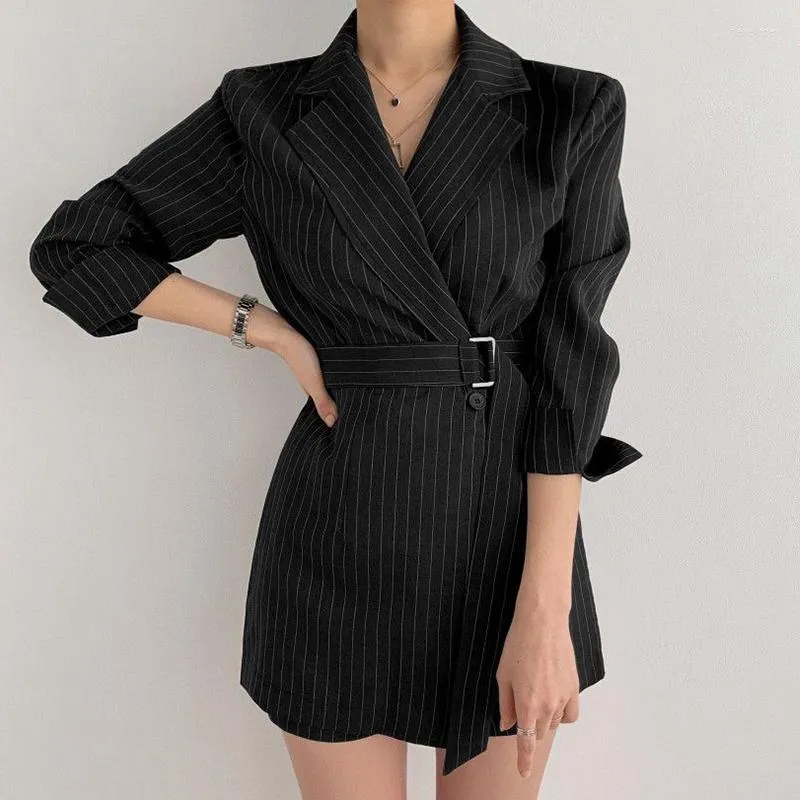 Casual Dresses Chic Vintage High Quality Stripe Design Dress For Women Korean Fashion Clothing Autumn Lace Up Waist Short Skirt Aesthetic