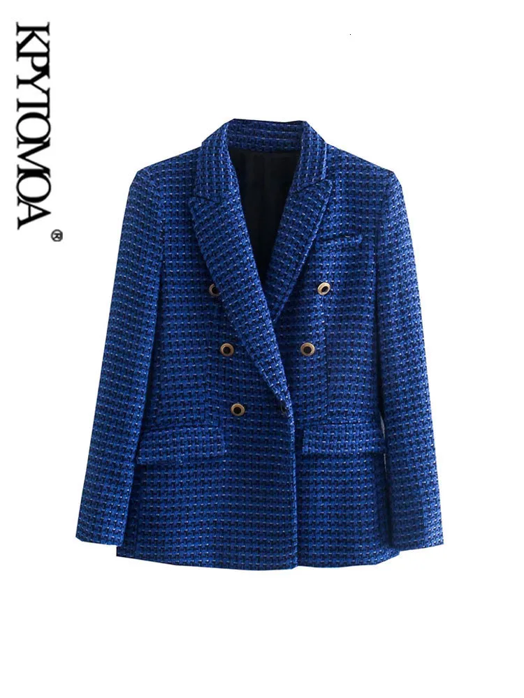 Damskie garnitury Blazers Kpytomoa Fashion Tweed podwójny płaszcz Blazer płaszcz Vintage Long Rleeve Pockets żeńskie odzież wierzchnia elegancka veste femme 230203