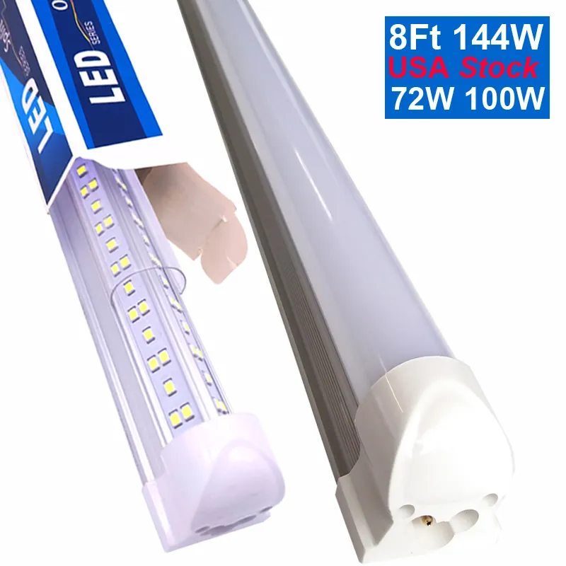 LED Shop Light Tube 8FT 72W 7200LM 100W 10000LM 144W 14400LM 15000LM 6500K White V Shape Clear Cover Hight Output Linkable T8 Garage 8 Foot with Plugs Crestech168