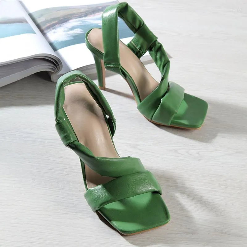 Sandálias saltos altos deslizamentos femininos em slides hollow verde slingback slingback sexy de dedos abertos sapatos de vestido aberto