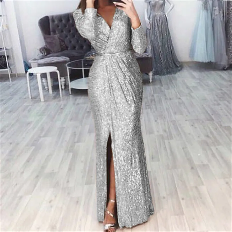 Casual Dresses Plus size Women Dress V Neck Floor Length Long Sleeve Thigh High Slit Sequin Mermaid Size Evening Gowns Lady Elegant 230203