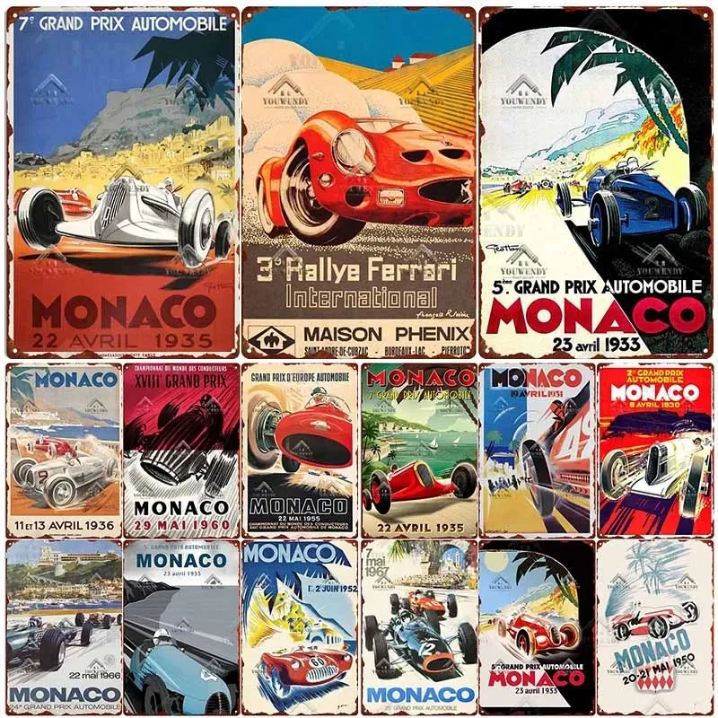 Monaco Grand Prix Poster Metallo Pittura Targa retrò Metallo Gare di auto d'epoca Targa in metallo per Garage Officina Club Man Cave Decorazione da parete 20cmx30cm Woo