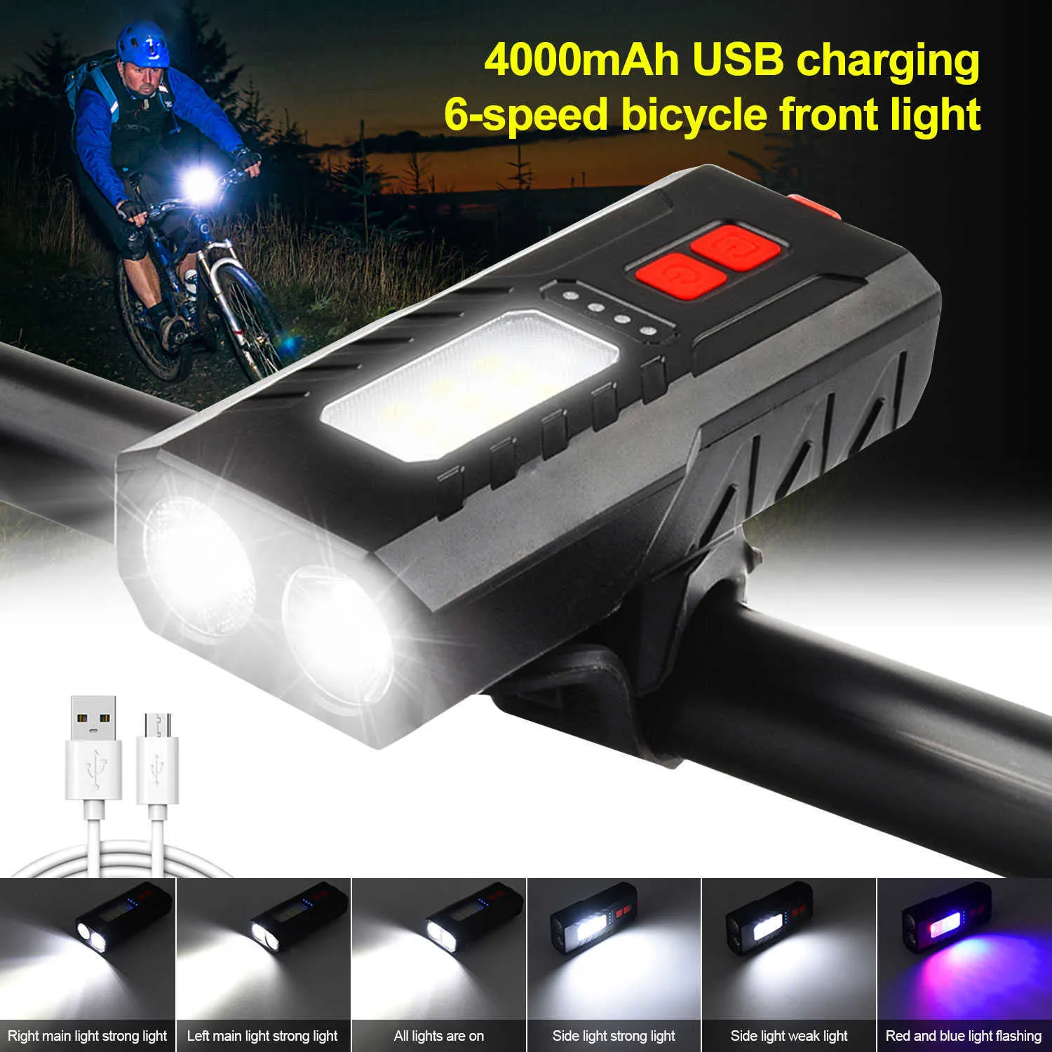 s USB Front Bike Bulit-in 4000 mAh Battery Cycling Lamp 6 Modes Bicycle Headlight with Red Blue Flashing Side Light 0202