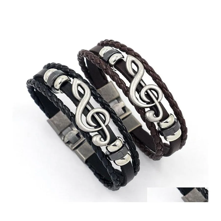 Bracelets de charme Europe Bijoux de mode Retro Mens Buckle ALLIAGE Large Music Notes Bracelet en cuir Livraison DH4RT