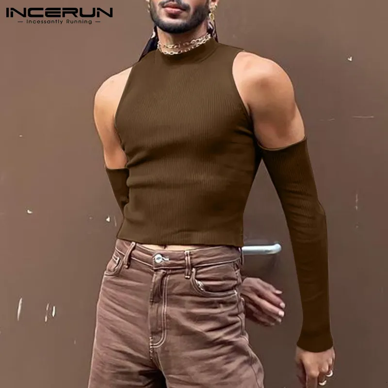 Men's T-Shirts INCERUN Men T Shirt Solid Color Turtleneck Long Sleeve Off Shoulder Casual Camisetas Hollow Out Streetwear Sexy Crop Tops 230203