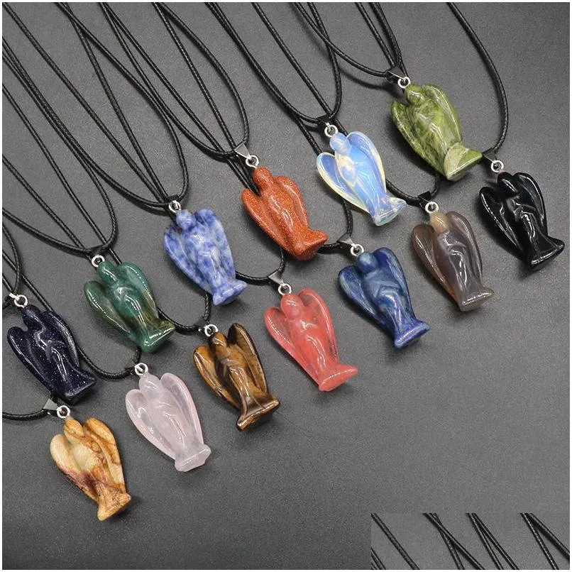 Collares pendientes Gema de piedra natural Ángel tallado Cristal de cuarzo rosa Jade Collar de cuentas de ónix Curación Guardián Joyería para Wo Dhgarden Dhllj