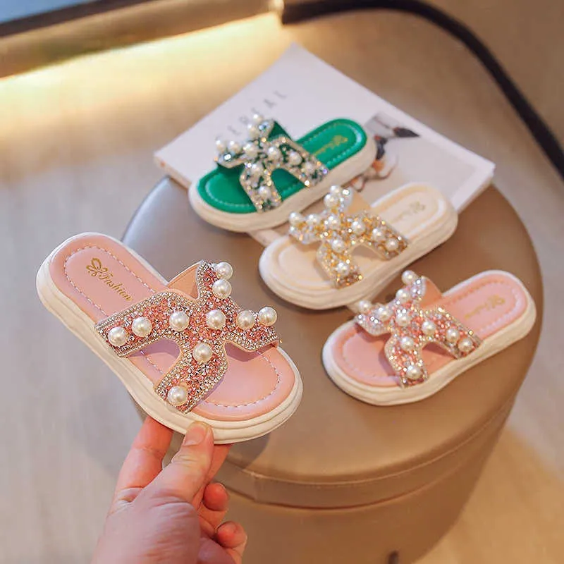 Pantofola Estate Bambini Perla Strass Principessa Scarpe da spiaggia per ragazze Moda antiscivolo Suola morbida Pantofole per bambini da esterno Scivoli 0203