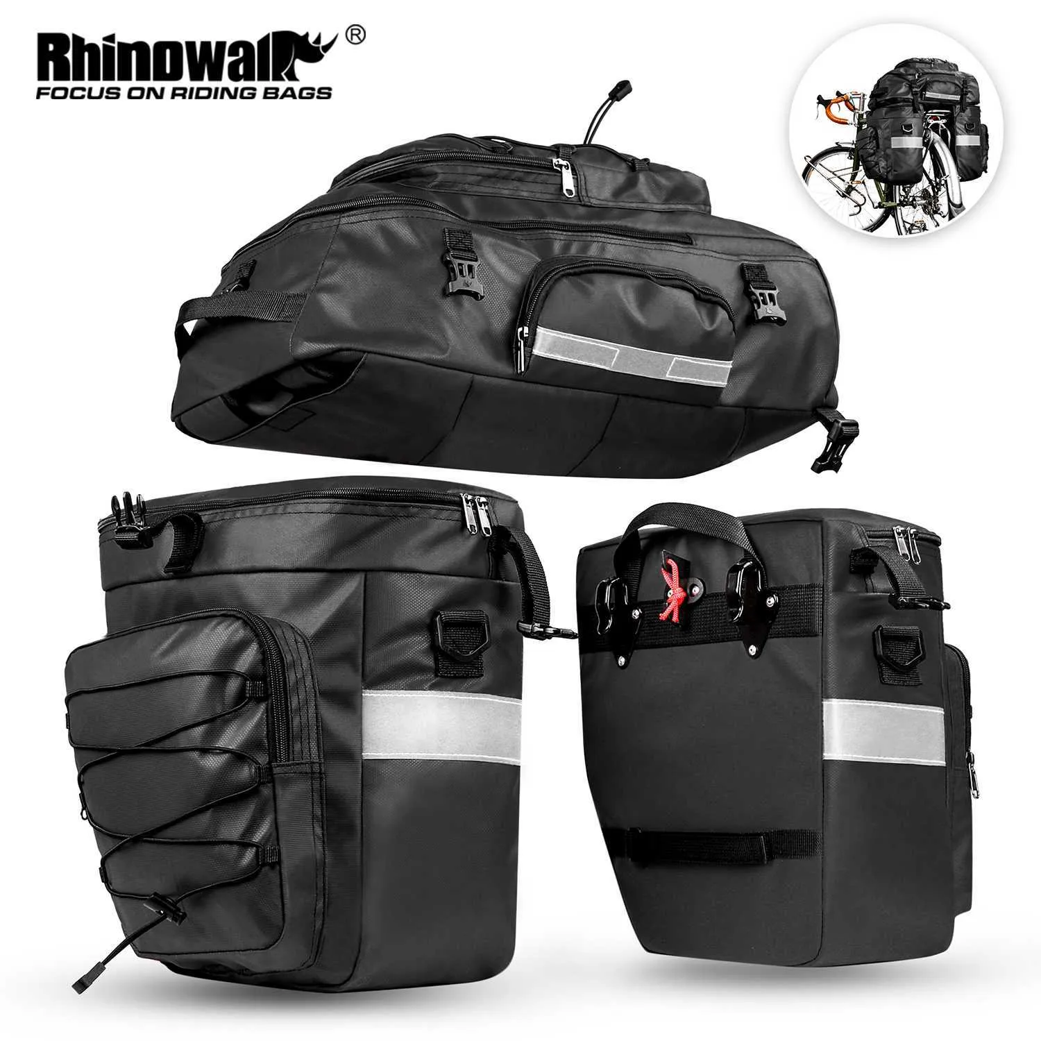 Panniers Rhinowalk Bicycle Pannier 3 in 1 Bike Bags Rear Seat Big Capacity Waterproof 65L MTB Cycling Luggage Multifunction Backpack 0201