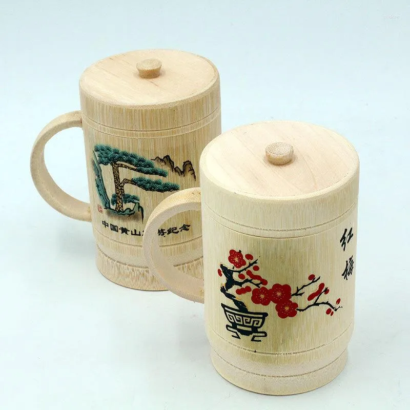 Mugs Chinese Style Plum Flower With Handle & Lid Cup Bamboo Tea For Travelling And Gift Craft