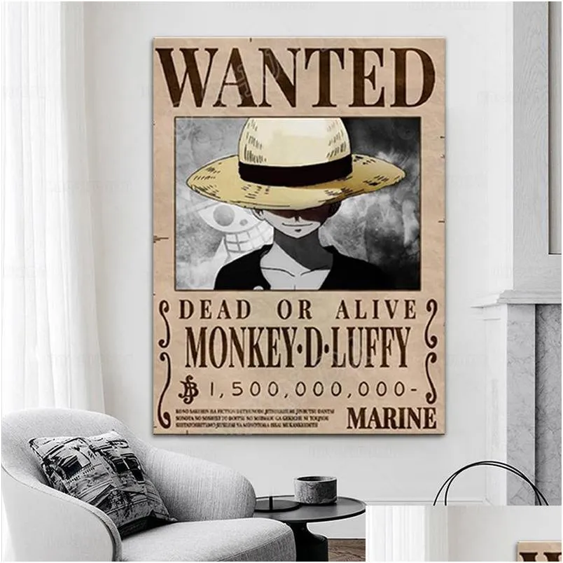 Paintings Nice Poster One Piece Monkey D. Luffy Bounty Wanted 4 Canvas Wall  Art Hd Print Picture Home Decor Drop Delivery Garden Arts Dhzwh