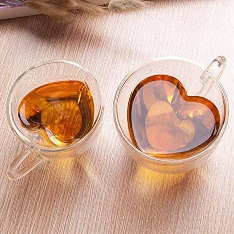 Vinglas i hjärtat kärleksformade glas mugg par koppar dubbel kopp värmebeständig te muggar mjölk espresso kaffe dryck