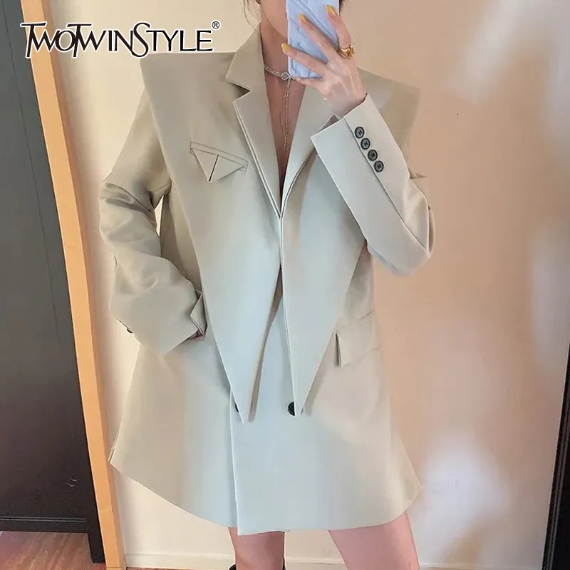 Womens Suits Blazers TWOTWINSTYLE Solid Color Shoulder Pads Blazer For Women Long Sleeves Patchwork Irregular Female Spring Fashion 230202