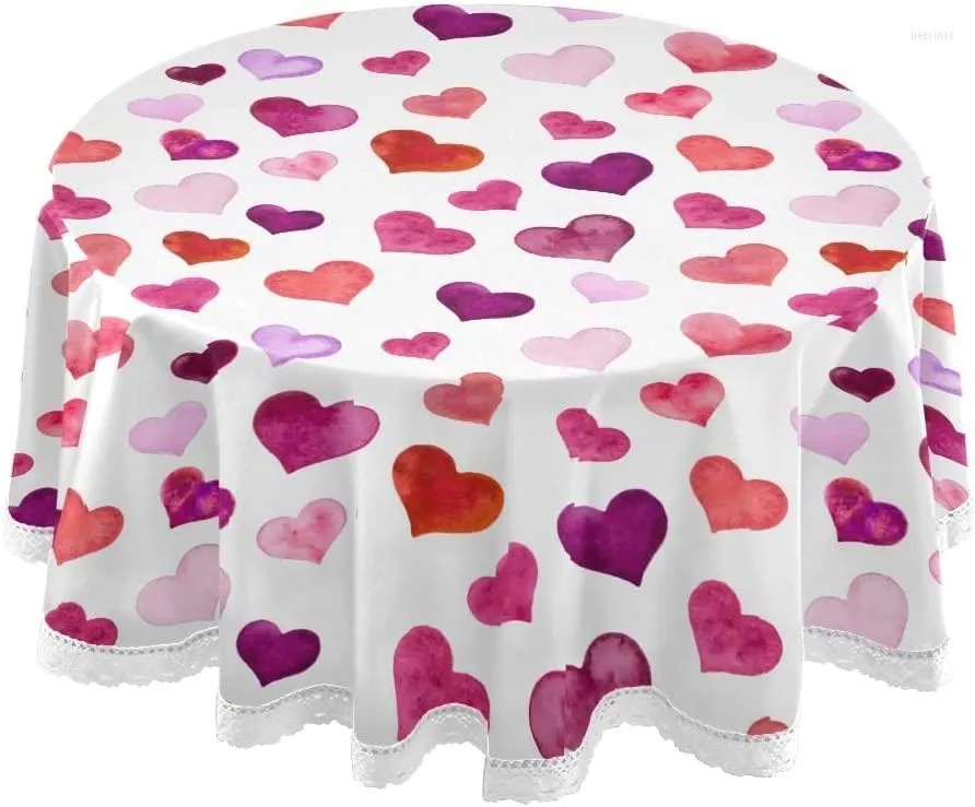 Table Cloth Valentine's Day Tablecloths Pink Hearts Decorative Cover For Circular Dining Holiday Party