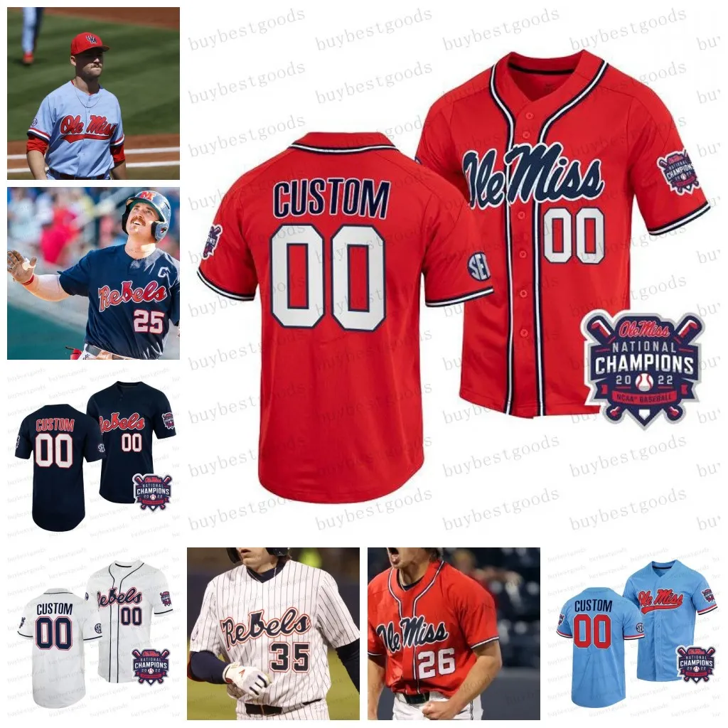 Ole Miss Rebels 2022 Baseball World Series Champions Jersey 13 Drew Pomeranz 26 Doug Nikhazy 3 Anthony Servideo 30 Aaron Barrett Lance Lynn Mike Mayers Maillots Stitch