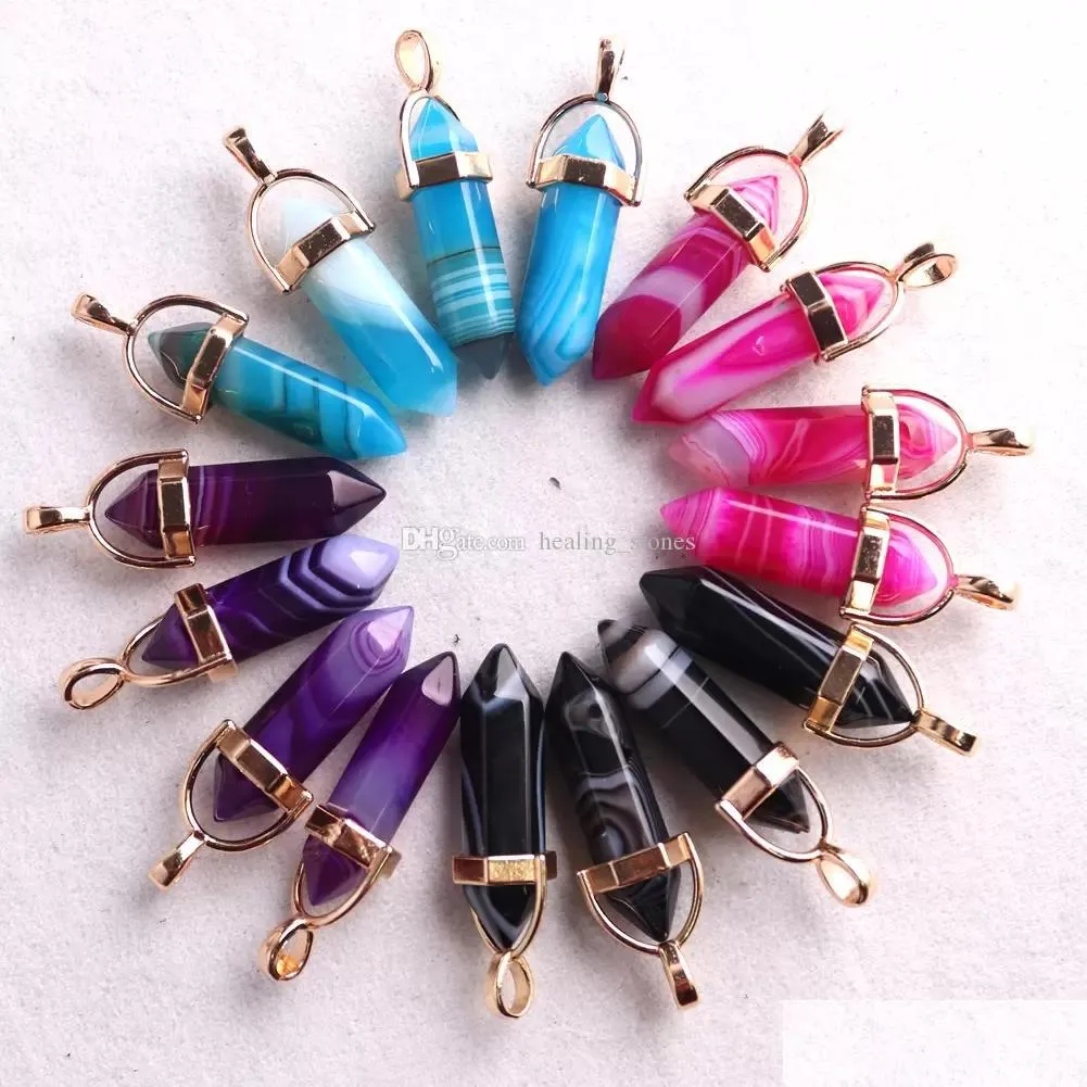 Charms Mode Streifen Hellblau Rosa Onyx Stein Form Punkt Chakra Gold Anhänger Für Schmuck Machen Großhandel Drop Lieferung Dhgarden Dh5Gz