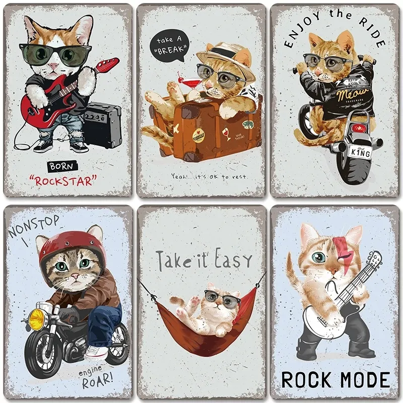 Coole Katze Vintage Metall Blechschilder Poster Genießen Sie das Leben Tier Metallschild Schild Retro Plakette Pet Shop Bar Pub Home Wanddekoration 20 cm x 30 cm Woo