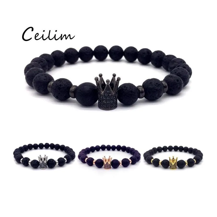 Beaded Strands Trendy Ball Black Lava Stone Bead Armband Pave Cz King Crown and Hj￤lm Charm Armband f￶r m￤n Kvinnor Luxury Jewelr Ototl