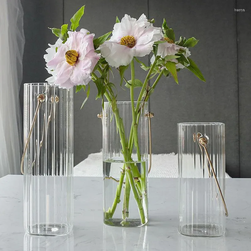 Vases Nordic Portable Striped Flower Transparent Glass Vase Home Simple Dry Arrangement Hydroponic Small Ornaments Cute