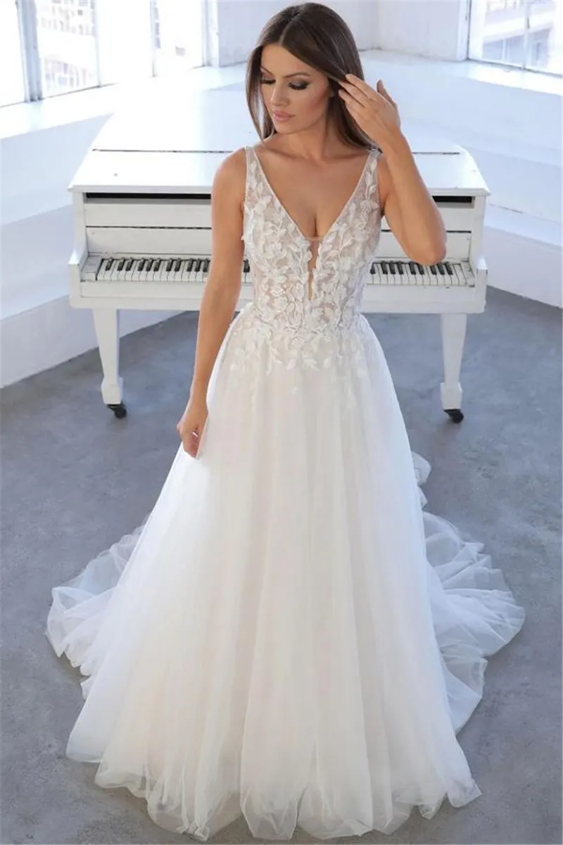 Summer Bohemian Lace Tulle Wedding Dresses Sexy Open Back A Line Appliques V Neck Lace-up Plus Size Bridal Gowns BC14994