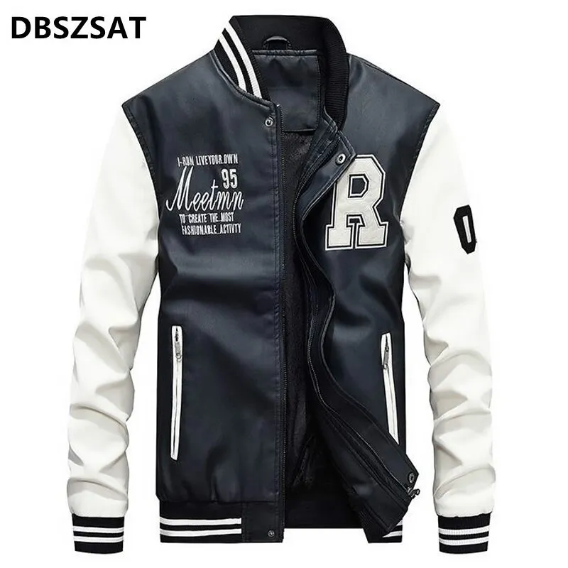 Mensjackor varumärke Brodery Baseball Stand Moto Biker Leather Jacket Casual Fleece Thicken Faux Coat M4XL 230203