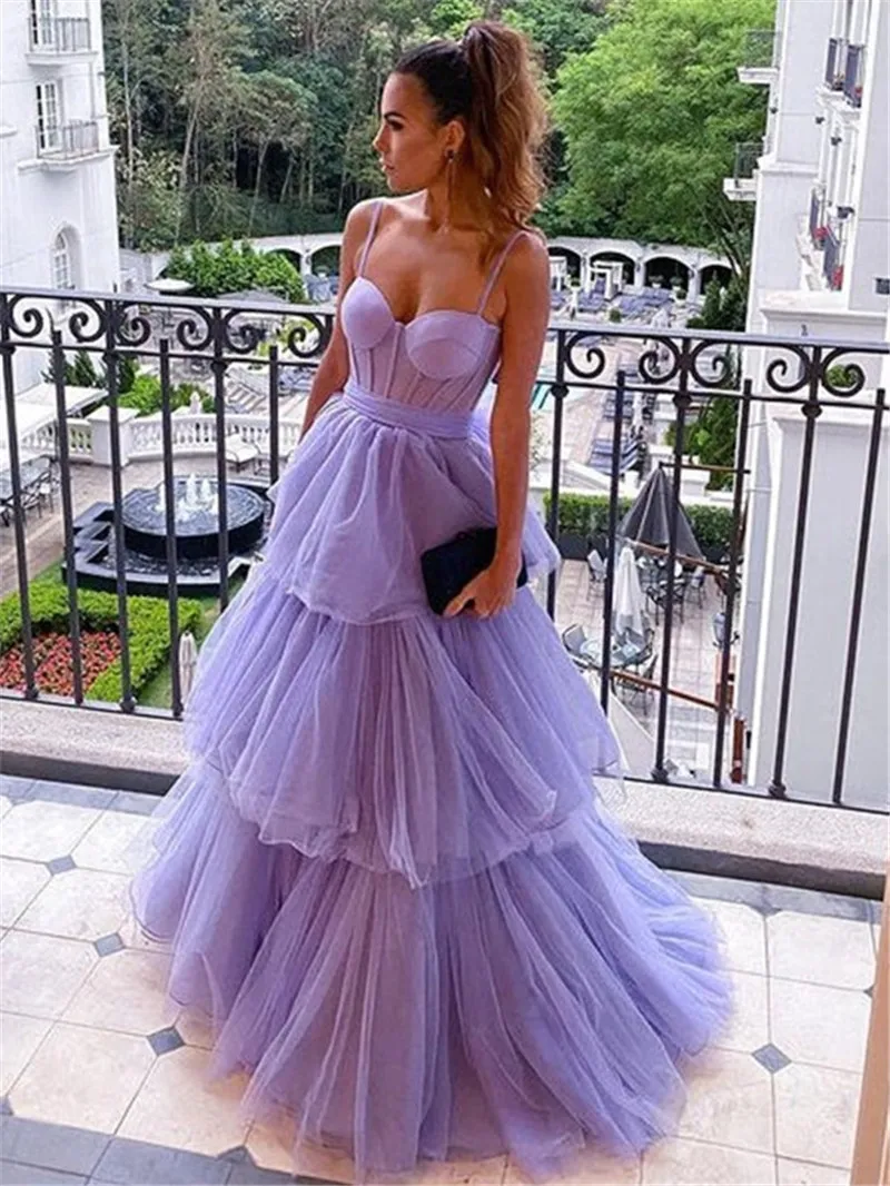 Princess lavender Prom Dresses Layers Ruffles With Bow Back Evening Gowns A Line Spaghetti Straps Women Bridesmaid Party Occasion Wears BC15021