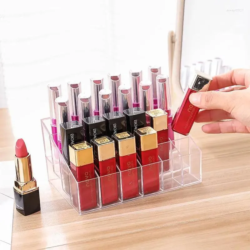 Förvaringslådor Makeup Organizer Box Transparent 24 Grids Akryl Lipstick Holder Display Rack Case Cosmetic Nail Polish Make Up Organizer
