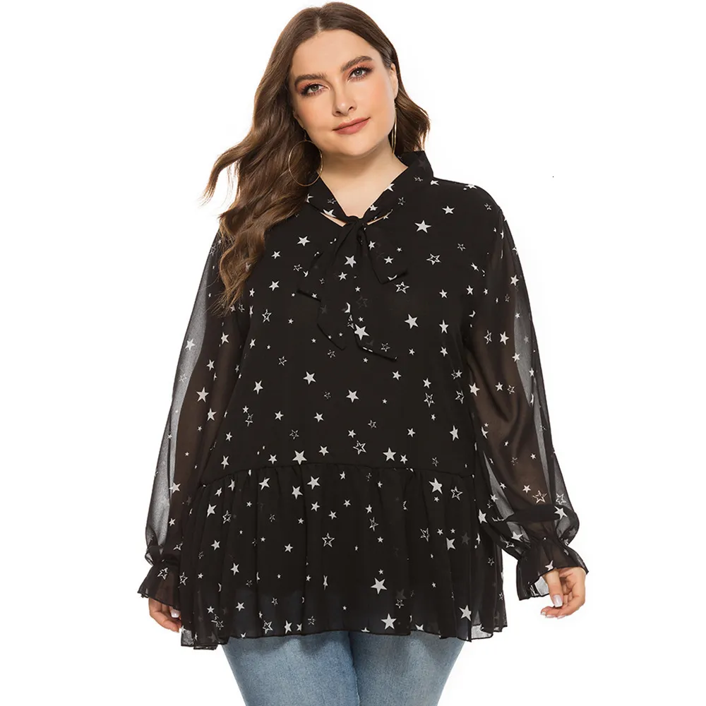 Women's Plus Size T-Shirt Plus Size Chiffon Blouse Shirt Women Summer Bow Tie Collar Long Sleeve Start Print Casual Long Blouse Black Women Clothing 230203