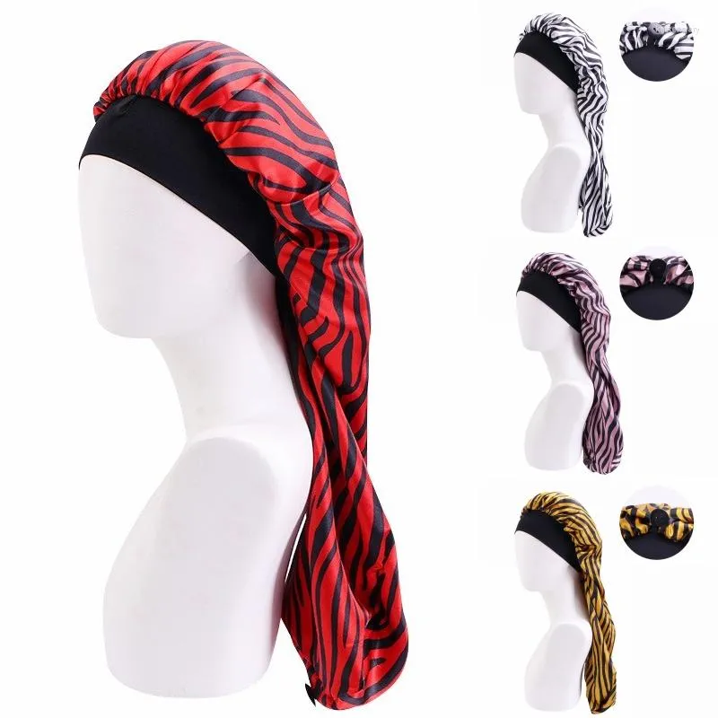 Bérets Mode Large Bord Long Tube Chapeau De Nuit Avec Boucle Africaine Stripe Imprimer Femmes Réglable Sommeil Cap Capuchon De Soins Capillaires Bonnet