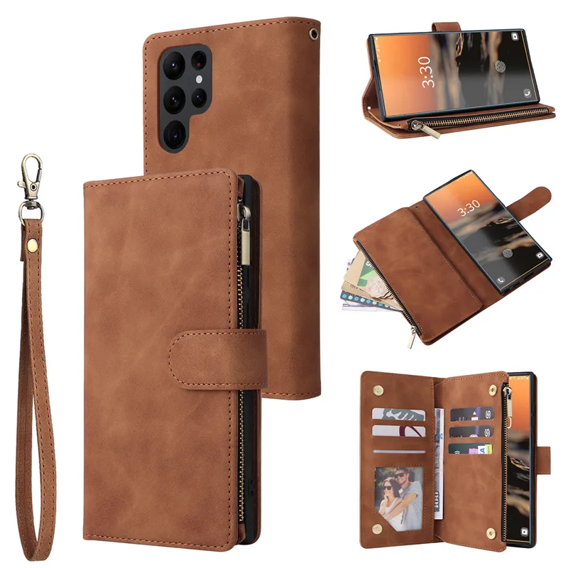 Bracelet Flip Zipper Phone Cases for iPhone 14 13 12 11 Pro Max XR XS 7 8 Plus SE2 SE3 Lanyard Multi-functional Multiple Card Slots Solid Leather Wallet Chain Shell