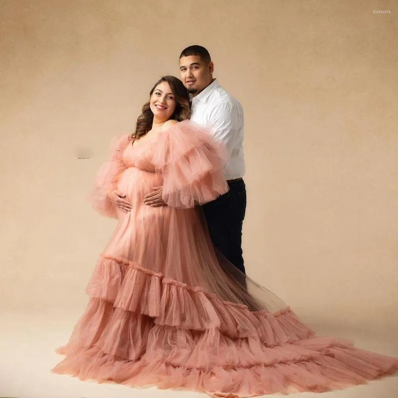 Vêtements de nuit pour femmes A-ligne à volants en tulle longues robes de maternité femmes élégantes épaules dénudées à volants plissés robes de soirée grande taille