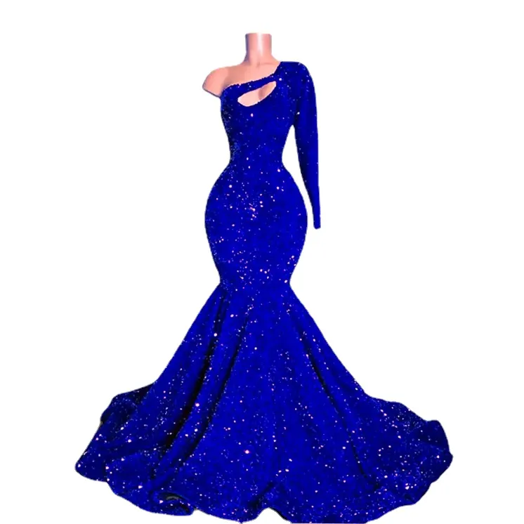 Longue robe de bal scintillante une épaule bleu Royal paillettes sirène Style noir filles robes de soirée de bal image réelle BC14683