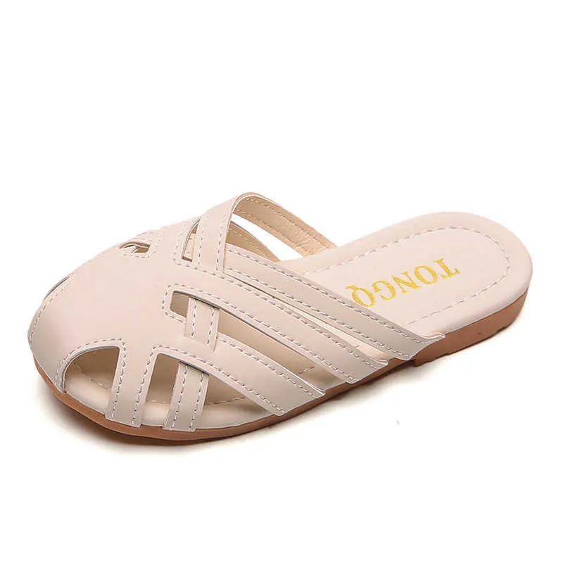Chinelos meninas chinelos crianças sandálias de verão para meninas grandes crianças slides tecer recortes princesa doce couro macio coberto-toes 26-36