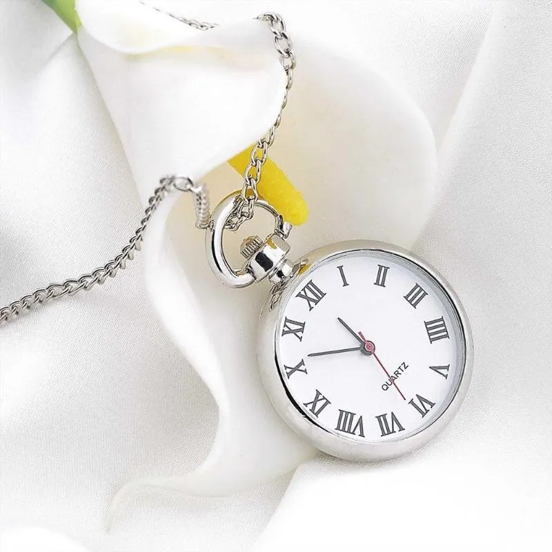 Pocket Watches Fashion Quartz Round Watch Dial Vintage Necklace Silver Chain Pendant Antique Style Stylish Pretty Gift