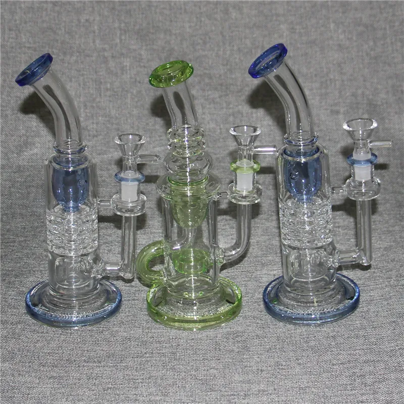 Regenboog groen blauw 3 stijlen Hookahs Glass Bong Oil Dab Rigs vrouwelijke gewricht 14,5 mm bedwelmende recycler bubblers kom asvanger