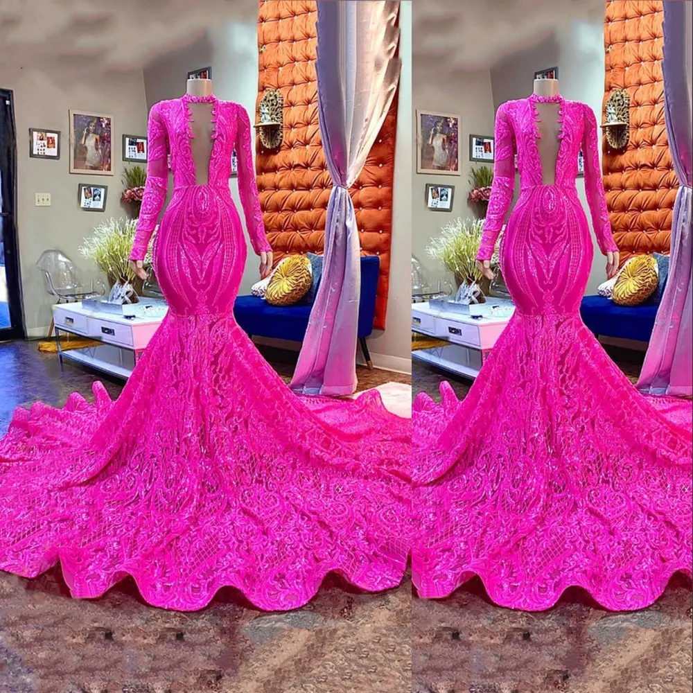 2023 Fuchsia Avondjurken Dragen Sexy Mermaid Keyhole Illusie Sparkly Lades Lace Long Sheeves Pailletten Formele feestjurk plus size avondjurken zwarte meisjes