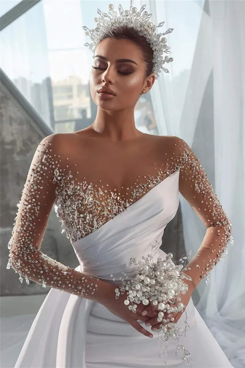 Luxurious Beads Mermaid Wedding Dresses Sexy Sheer Long Sleeve Crystals Jewel Neck Arabic Dubai Bridal Gowns With Detachable Skirt BC14973