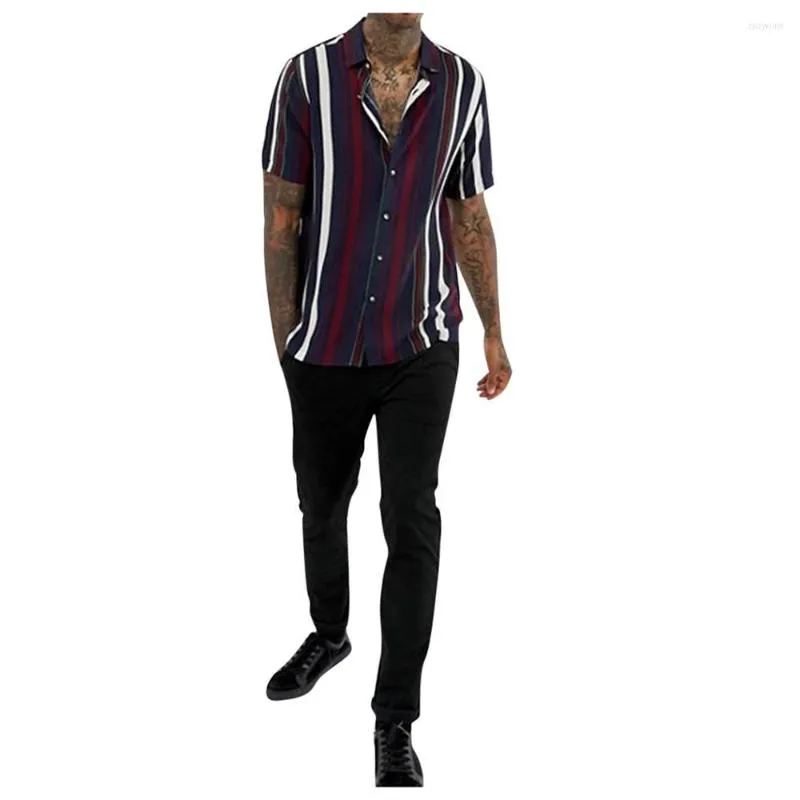 Men's T Shirts Men Short Sleeve Multicolor Irregular Stripe Button-down T-Shirt Blouse 4#S11
