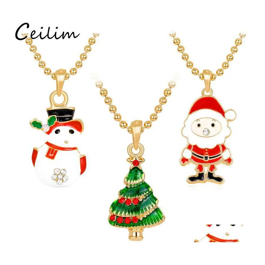 Pendant Necklaces Christmas Tree Necklace Rhinestone Enamel For Women Kids White Snowman Santa Claus Charms Gold Drop Delivery Jewel Otkea