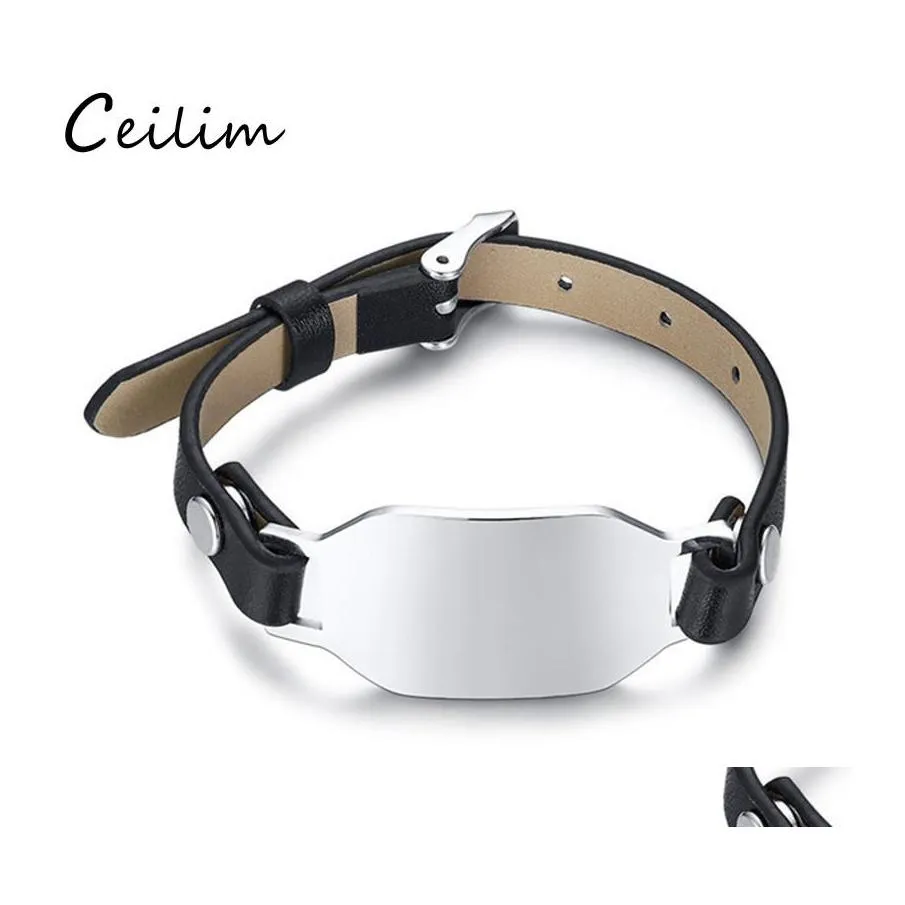 Link Chain DIY Dog Tag Armband Custom Graverad Personlig 316L Rostfritt st￥l Blankst￥ng Justerbar l￤der Mens Drop Delivery J OTXW3